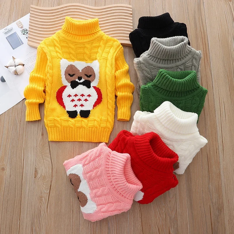 

New 2024 Kids Cartoon Owl Jacquard Pullover Sweater Autumn Winter Boys Girls Turtleneck Knitted Sweaters Tops Children Clothing
