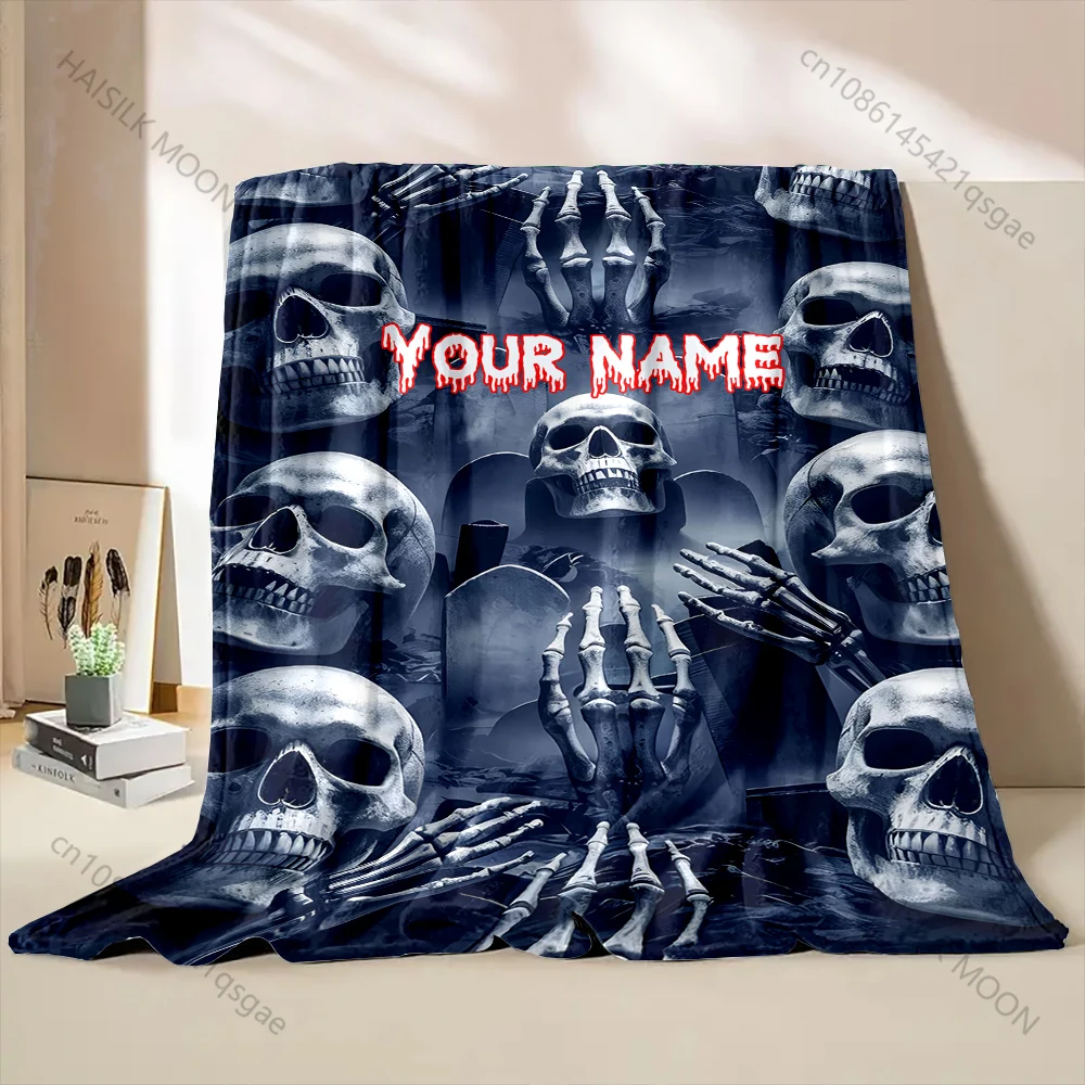 

Одеяло с индивидуальным именем, тематические рисунки черепа на Хэллоуин, пушистая мягкая фланель для дома, дивана, путешествий, дома, офиса, подарок на Хэллоуин