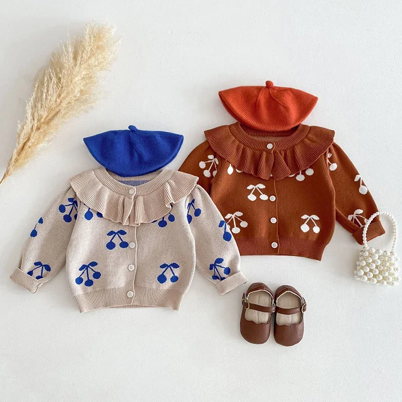 

Baby Girl Knitting Cardigan Autumn Children Clothes Toddler Long Sleeved Knitted Cherry print Newborn Baby Girls Sweater Coat