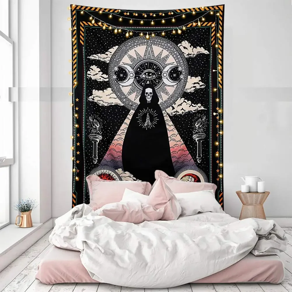 Sun and Moon Stars and Cloud Black Chakra Solar Gothic Tarot Tapestry Wizard Skull