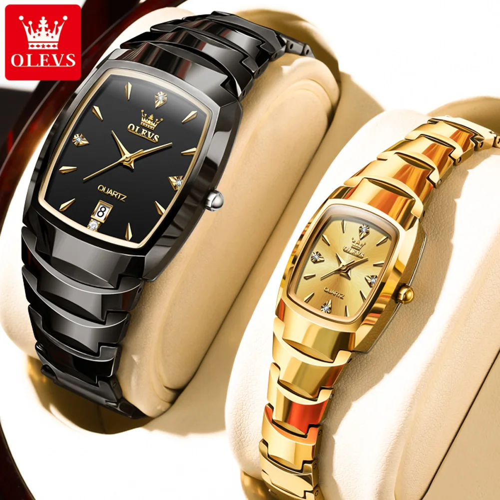 OLEVS Brands New Luxury Tungsten Steel Gold Couple Watch for Men Women Waterproof Calendar Fashion Quartz Couple Wristwatches