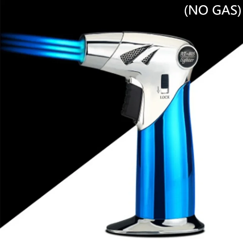 

Outdoor three-mouth flame spray gun lighter suitable for cigar tube strong windproof kitchen spray gun metal gadgets（NO GAS）