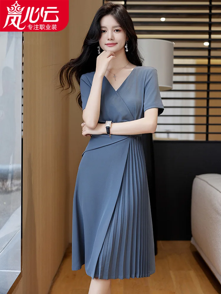 

2024New Summer French Style Goddess Temperament Pleated Dress Exquisite High Sense Professional Style Irregular Midi Dress