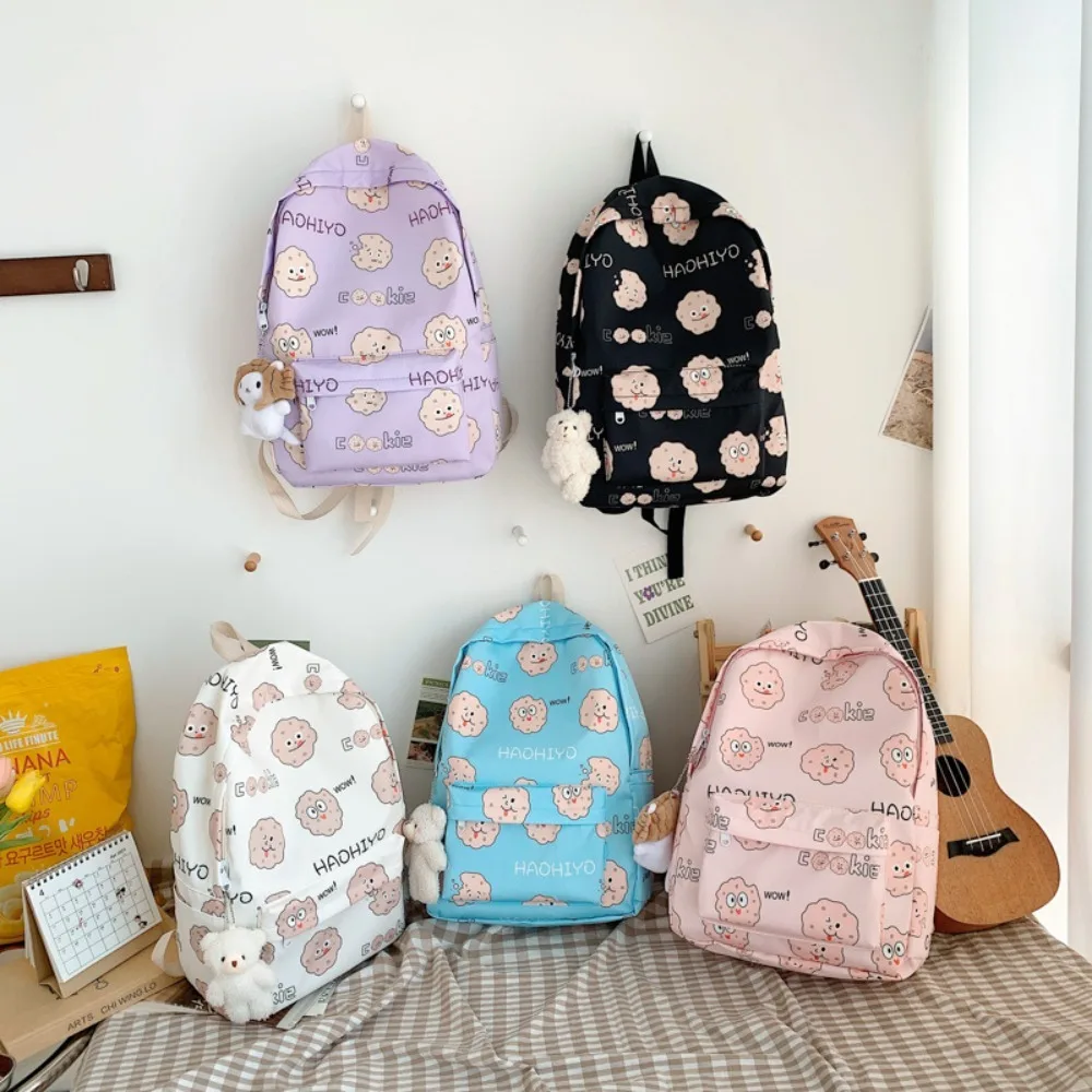 

Portable Biscuit Print School Bag Cute Expression High School Shoulder Bag Large Capacity Nylon Teenage Bookbag Students