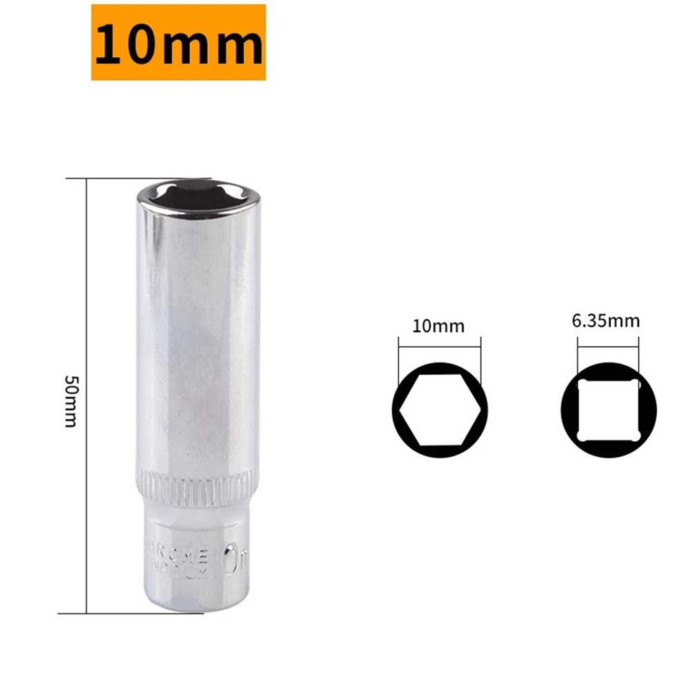 1/4 Zoll Steckschlüsseladapter, 4 mm-14 mm, Sechskant-Steckschlüsselkopf aus Chrom-Vanadium-Stahl für Ratschenschraubendreher, Silber, 50 mm Länge – Detail 10