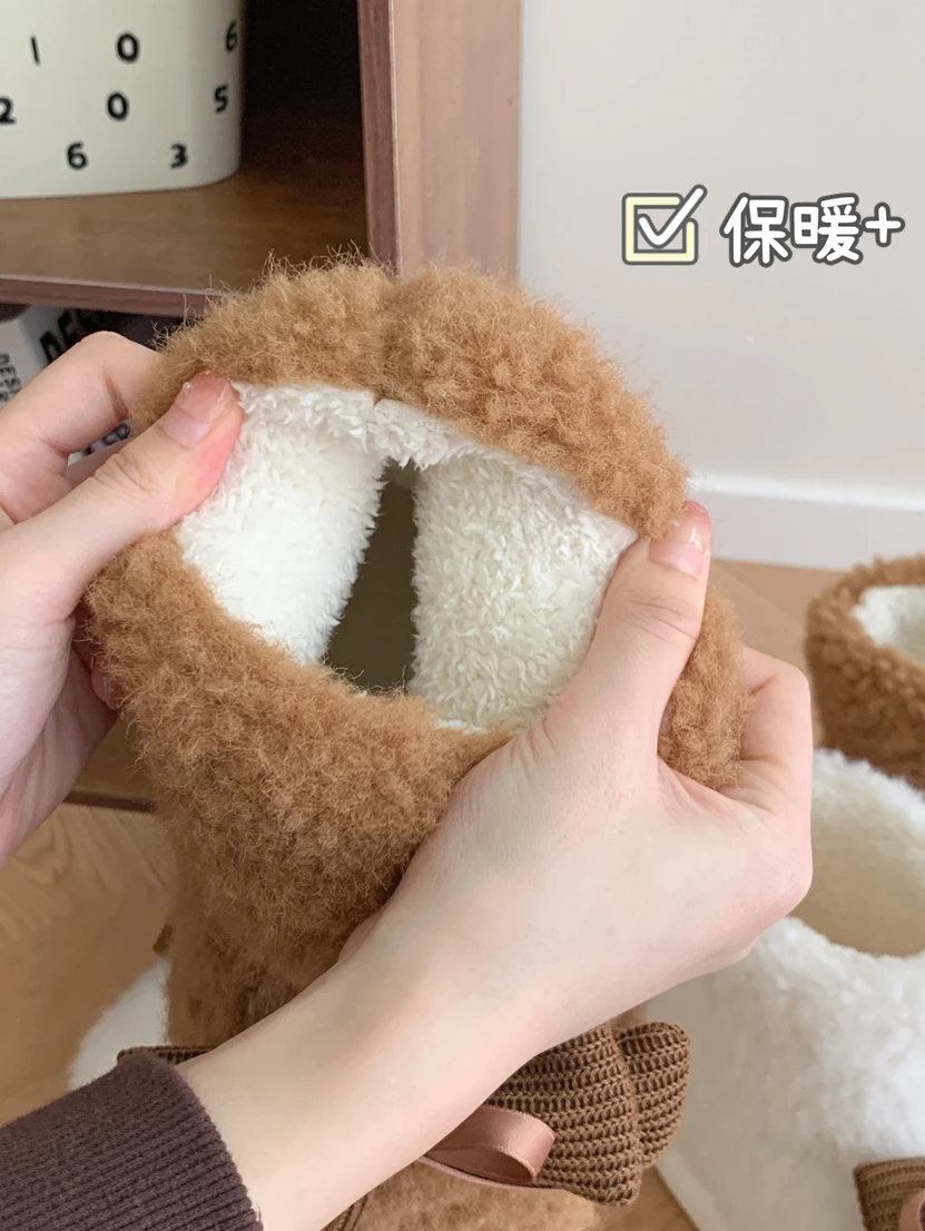 Knitted Ribbon Bow Home Boots Lamb Wool Cotton Shoes For Women's Man Winter Outwear Versatile Thick Snow Boots