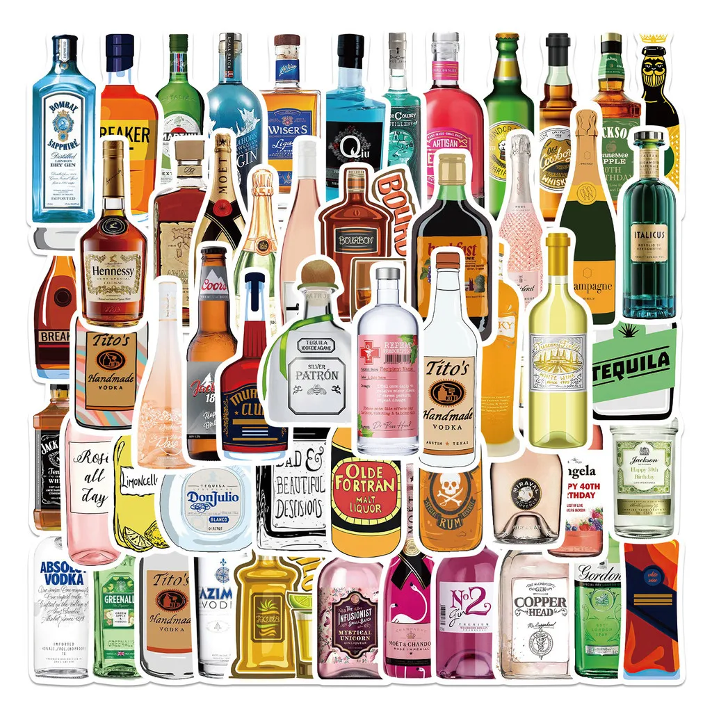 Pegatinas de grafiti de cerveza y champán de dibujos animados, calcomanías decorativas impermeables para equipaje, cuadernos y botellas de agua, 50 piezas