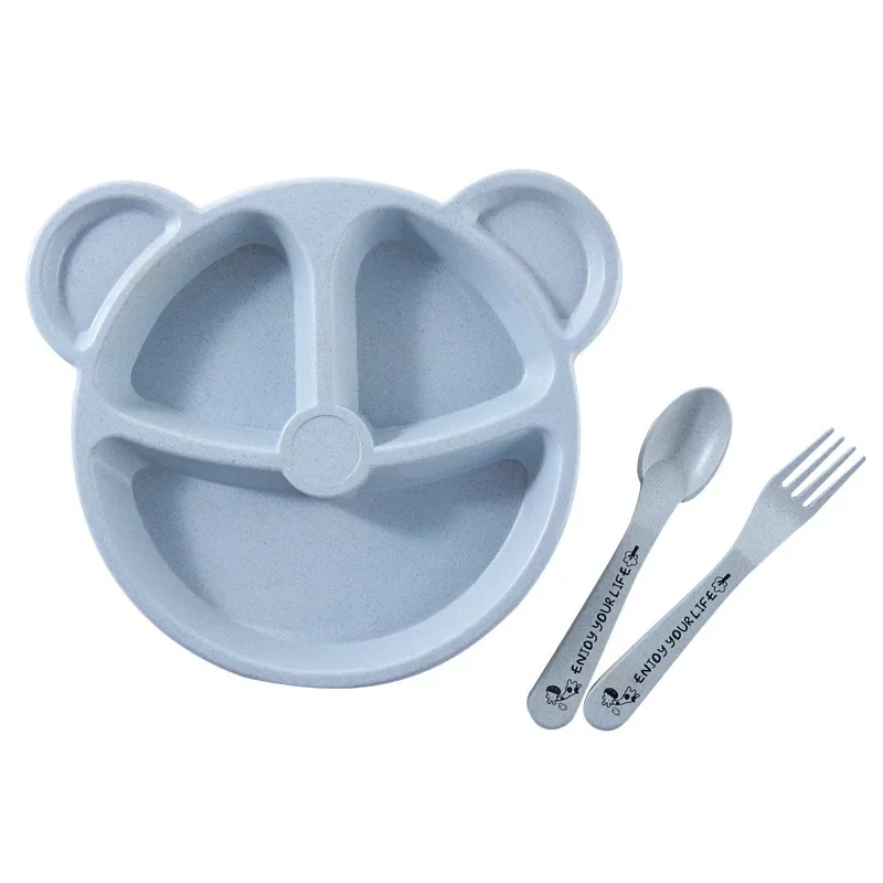 

3Pcs Wheat straw children compartment dinner plate kindergarten students bear tableware set children tableware lunch box