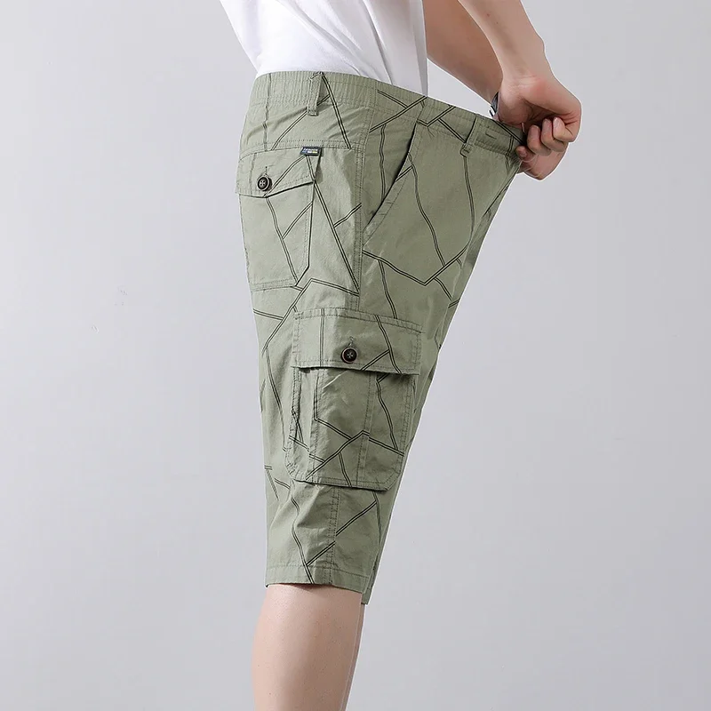 Pop Men Summer New Men Cotton Cargo Shorts Mens Casual Zipper Pocket Joggers Shorts Elastic Waist Quick Dry Fashion Shorts Male