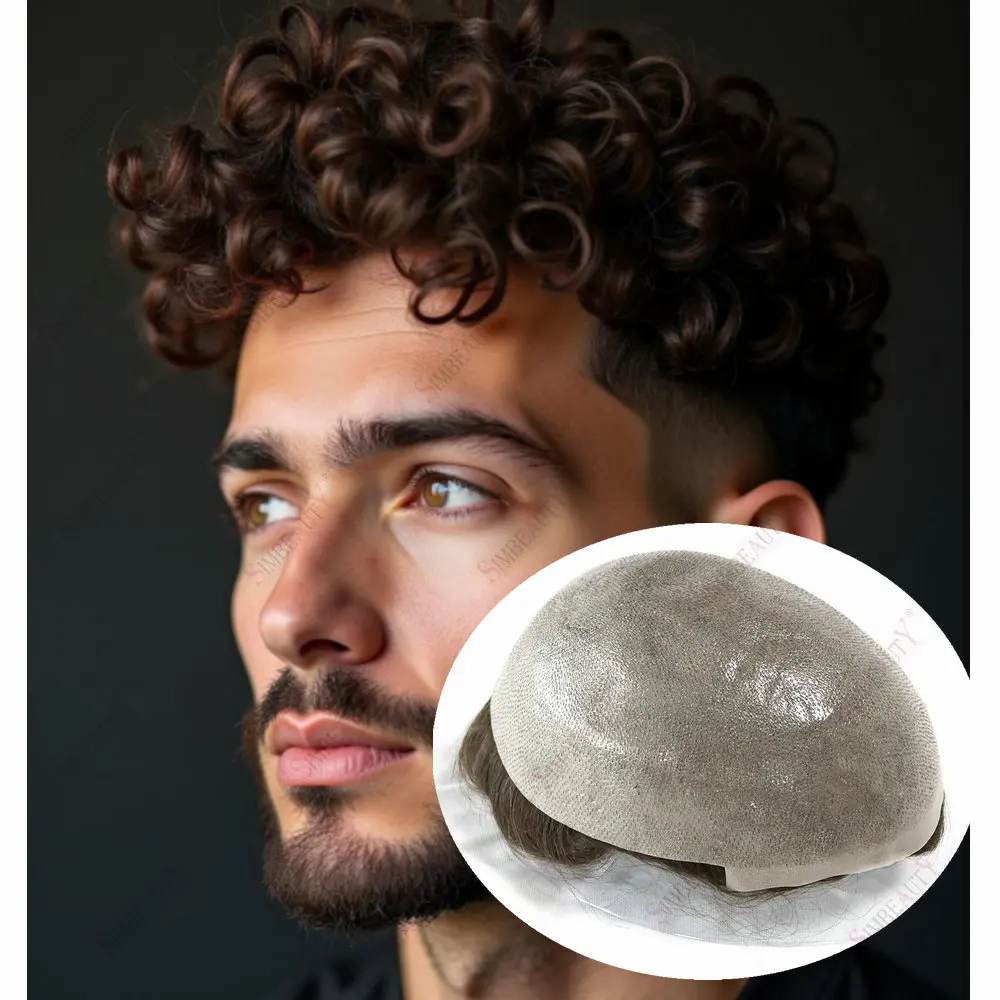 

0.06mm Thin Skin Pu Toupee Men 18mm Curly Human Hair Natural Frontline Vloop Hairpieces Male Hair Replacement System Prosthesis