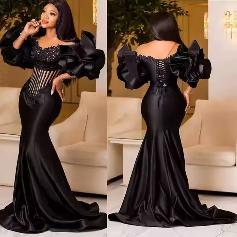 Customized Aso Ebi black prom dress Hat sleeve elastic satin beaded mermaid evening birthday party second reception dress