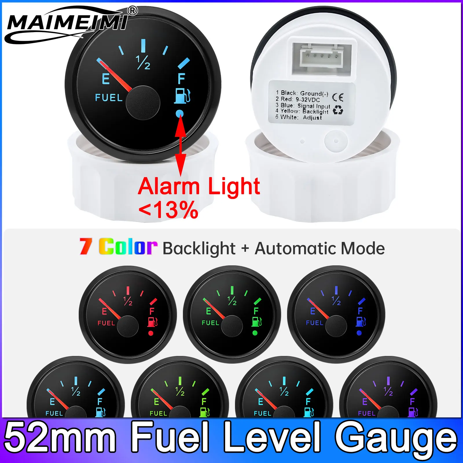 52MM Fuel Level Gauge 0-190ohm 7 Colors Backlight Pointer E-F Oil Tank Meter For Auto Marine Boat Car 12V 24V Fuel Tank Level