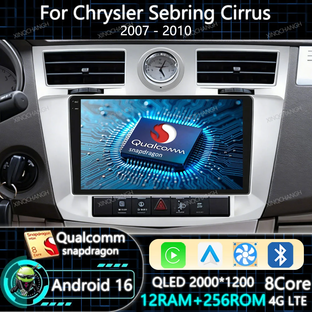 Автомагнитола Android 16 с Carplay и Auto для Chrysler Sebring 3 JS Cirrus 2007 - 2010, навигация, Qualcomm 4G LTE, 5G WIFI, QLED, 2DIN, GPS.