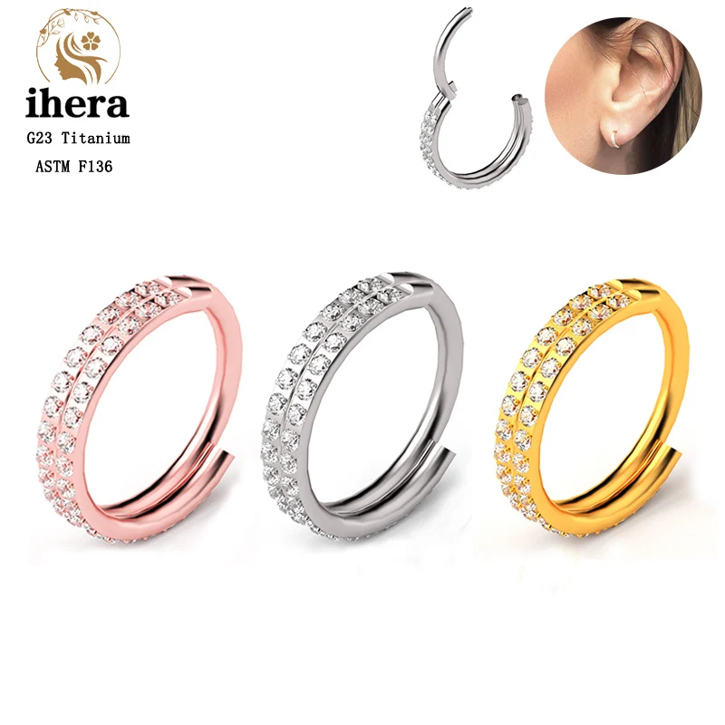 G23 Titanium Round Luxury Two Rows Crystal Zircon Hight Segment Hoop Earrings 16G Ear Tragus Helix Cartilage Piercing Jewelry