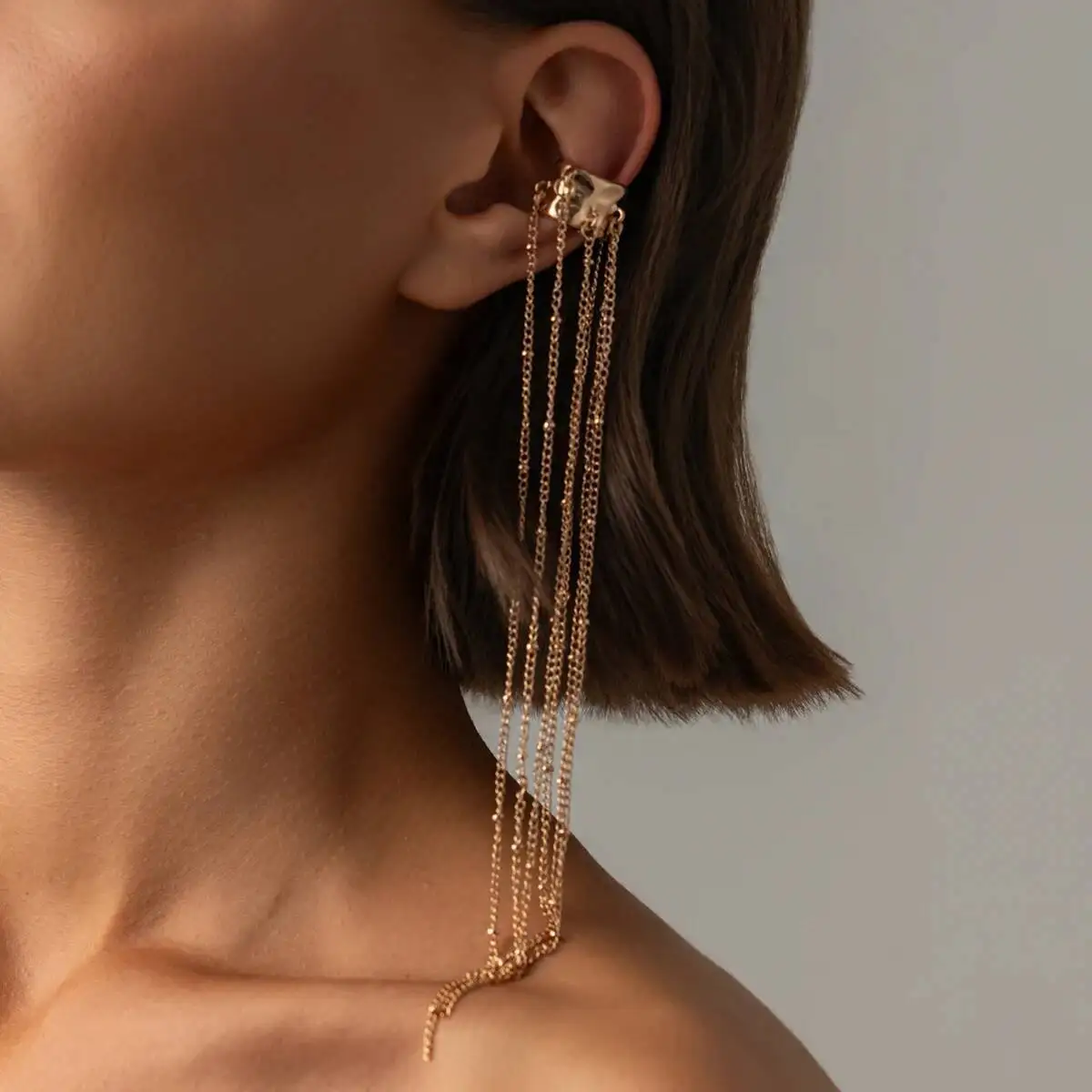 Salircon CreativeTrendy Metal Long Tassel Clips Earrings Women Unique C-Shape Ear Cuff Non Piercing Earring Charm Jewelry New