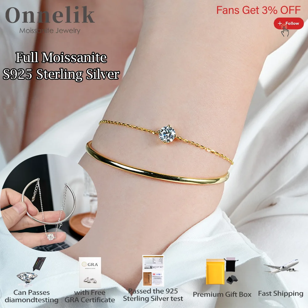 

Onnelik 1CT Moissanite Diamond with GRA Double Chain Overlay Bracelet S925 Sterling Sliver for Woman Sparkling Wedding Fine Jewe