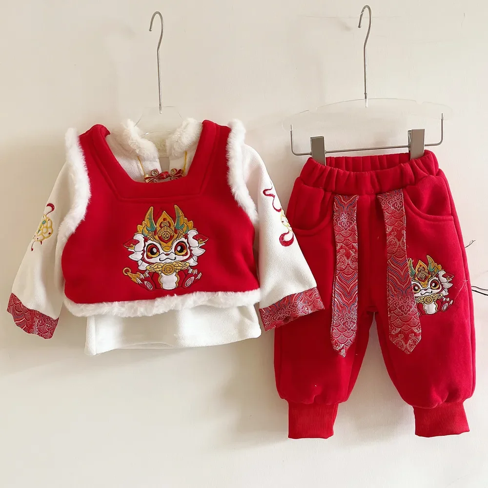 

2024 Winter 3Pc Set Dragon Chinese New Year Clothing Red Thicken Children's Hoodie Pants Girls Boys Embroidery Hanfu Tang Suit