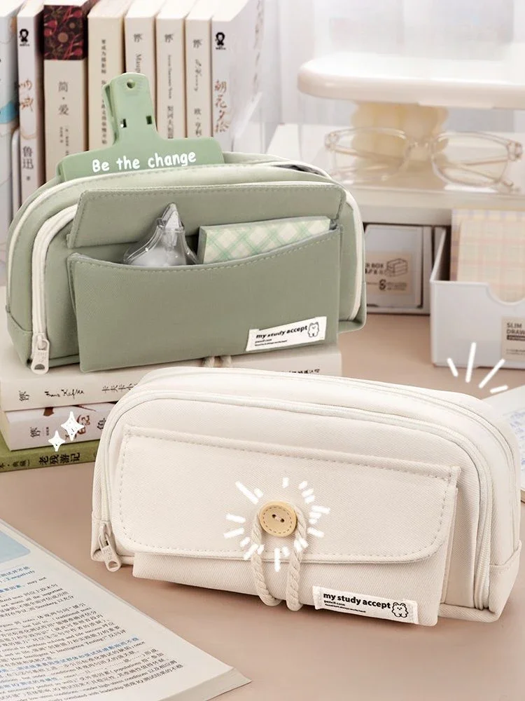 Yeni Büyük Kapasiteli Kalem Çantası Kırtasiye Tutucu Kutusu Estetik Kanvas Kalem Kutusu Üç katmanlı Fermuarlı Kalem Çantası Okul Malzemeleri