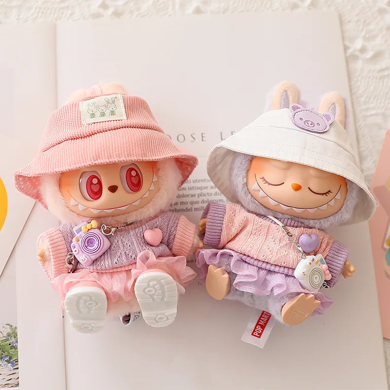 

For 15/17cm Labubu Doll Mini Sweater Chiffon Skirt Clothing Hat Shoes Camera Set Labubu Dolls 3.0 Clothes Diy Toys Accessories