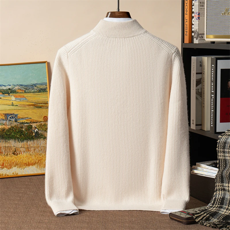 100% suéter de caxemira pura meia gola alta masculino meio zíper yuanbao ponto engrossado camisola outerwear camisa base de malha