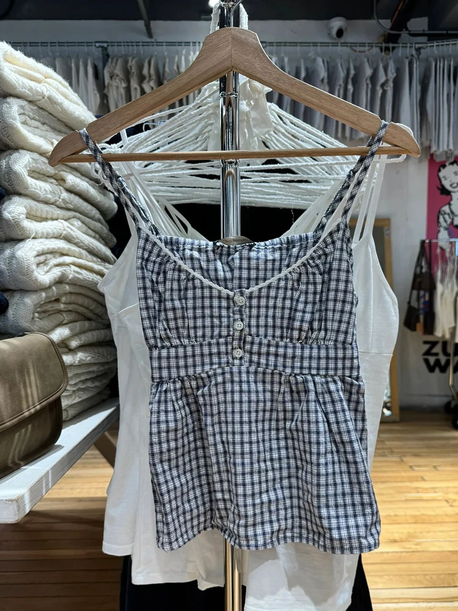 البحرية منقوشة الدانتيل تقليم سليم تانك القمم امرأة ثلاثة أزرار الخامس الرقبة الظهر الدانتيل متابعة القطن بروتيل الصيف خمر الشارع الشهير المحاصيل القمم #4