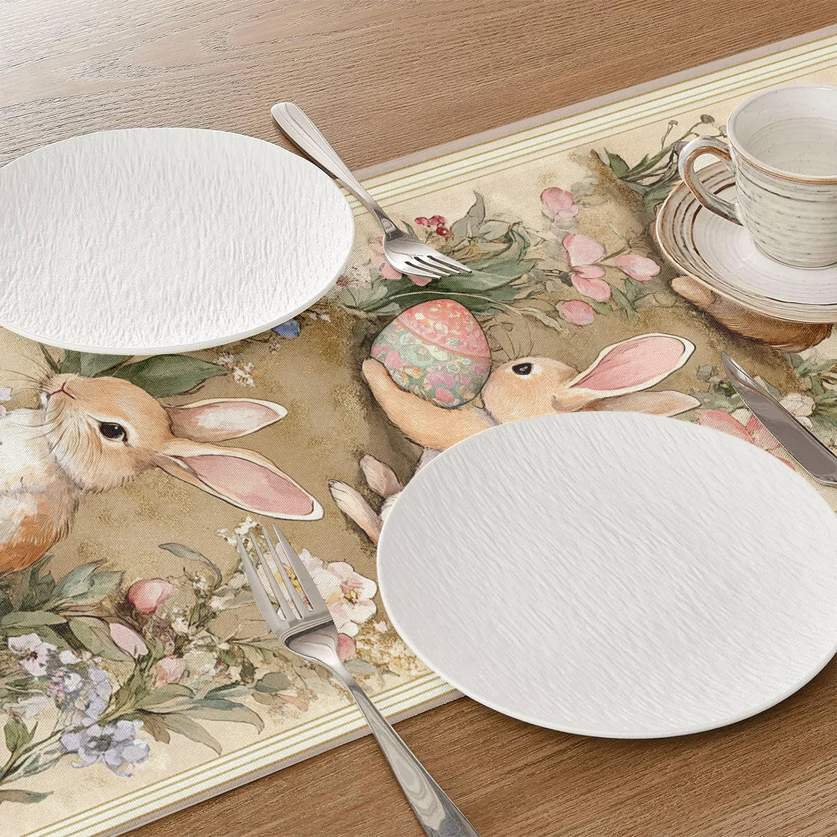 Handcrafted Easter Bunny and Floral Design Table Runner | 100% LinenPaisley Pattern, Rectangular, Holiday Theme