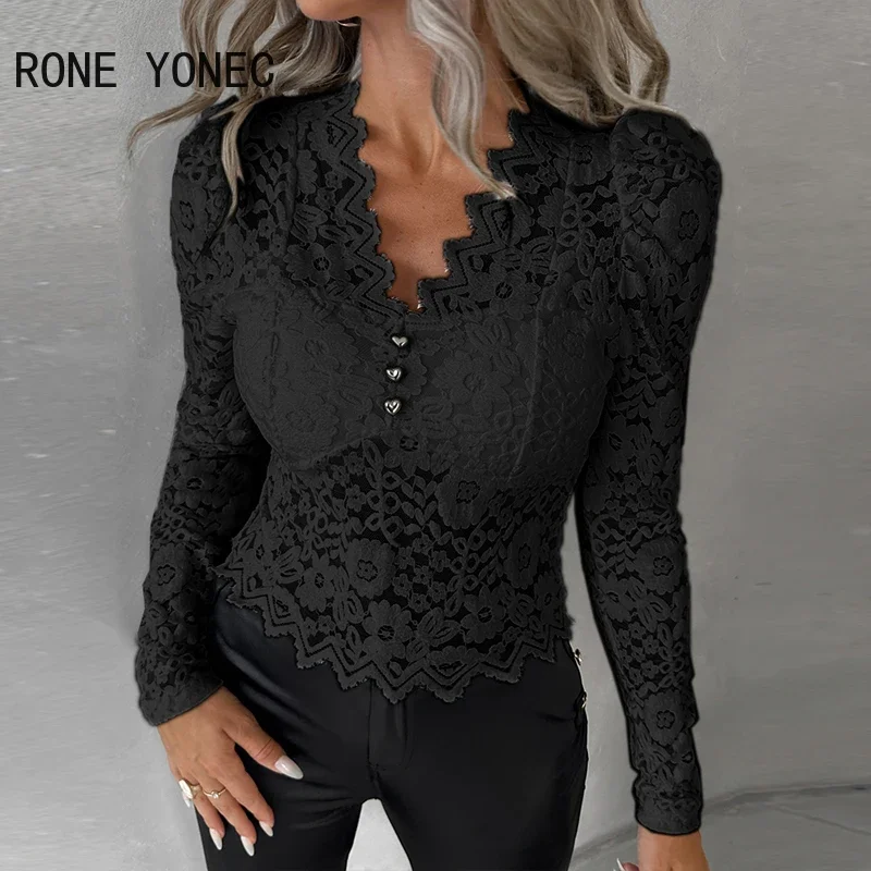 Women Chic Basics Lace Patchwork V Neck Long Sleeves Basics Sexy Blouse Tops