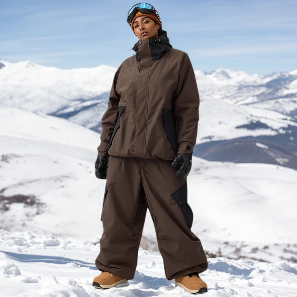 

GSOU SNOW American Baggy Skiing Suit Winter Windproof Warm Oversize Clothes Super Loose Color-blocked Snowboard Jacket Pants Set
