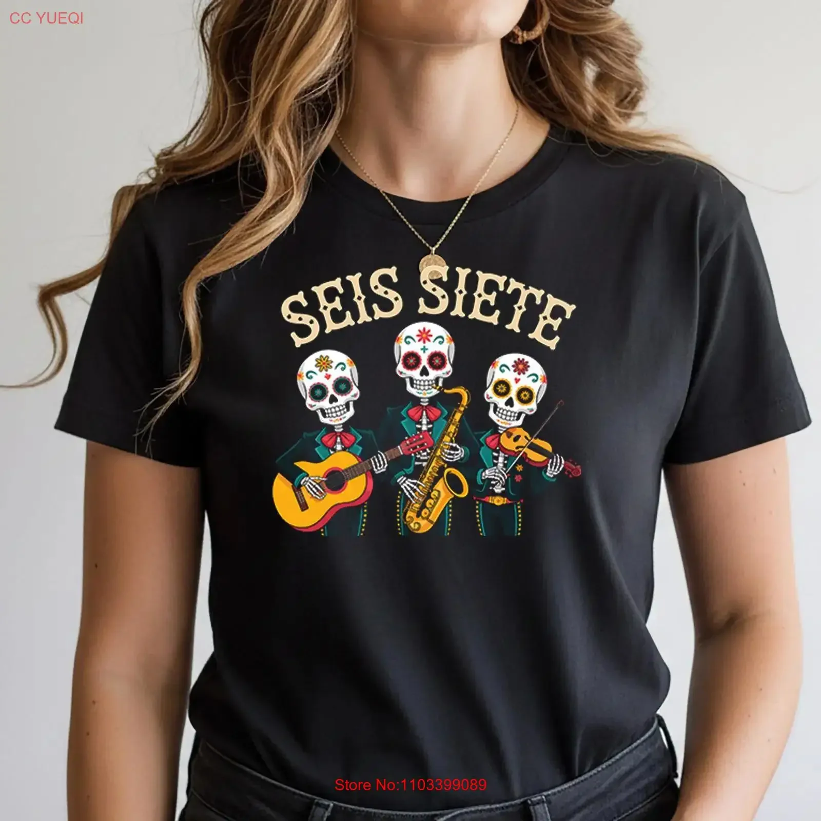 Camiseta Día de los Muertos con Calavera de Azúcar, Banda Mariachi, Esqueletos, Arte Folclórico Mexicano, para Amantes de la Música, Día Festivo del Día de Muertos
