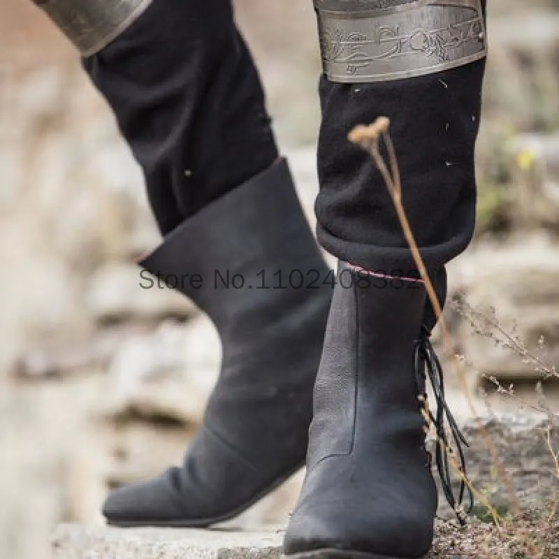 Bota de couro PU de meia idade, sapatos masculinos, bandagem renascentista vitoriana larp, cavaleiro medieval cosplay, festa de carnaval