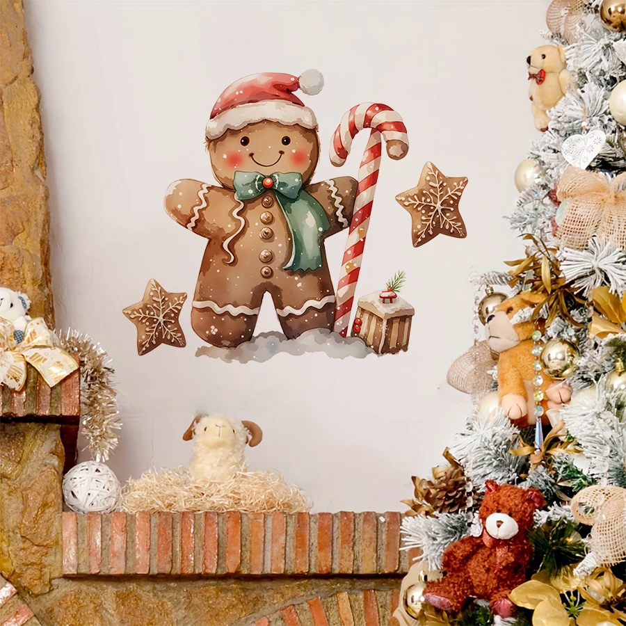 Weihnachts-Lebkuchenmann-Wandaufkleber mit Weihnachtsmütze, grüner Schal, abnehmbares PVC für Kamin, Wohnzimmer, Geschäft, Café, festliche Dekoration