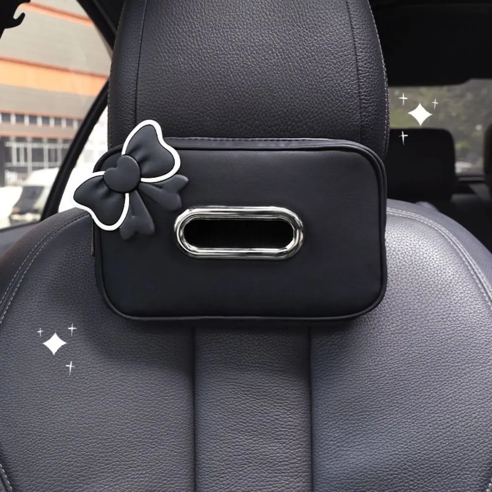 

PU Leather Car Tissue Box Bowknot Zipper Car Napkin Holder Multifunctional with Fix Strap Car Seat Back Organizer Sun Visor