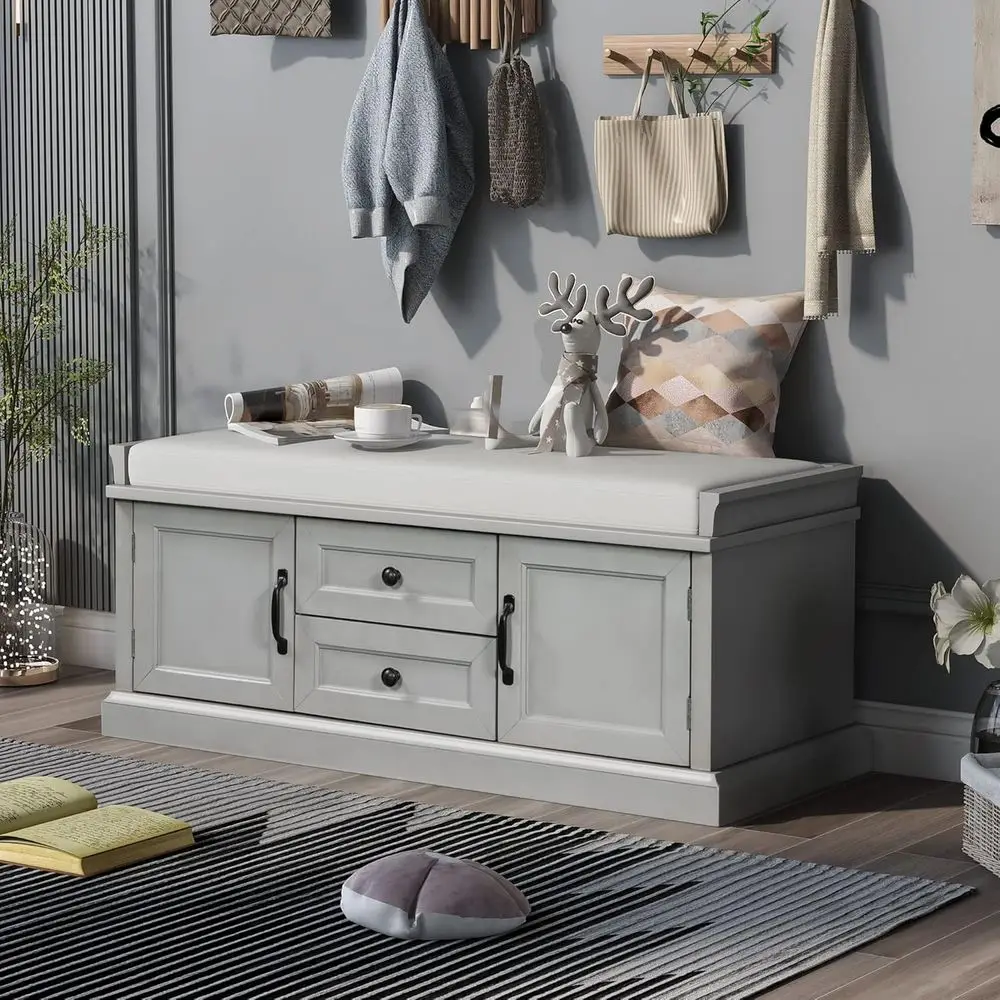 

Gray Wash Pine Wood Shoe Storage Bench with Cushion, 2 Drawers and 2 Cabinets, 42.5L x 15.9W x 17.5H