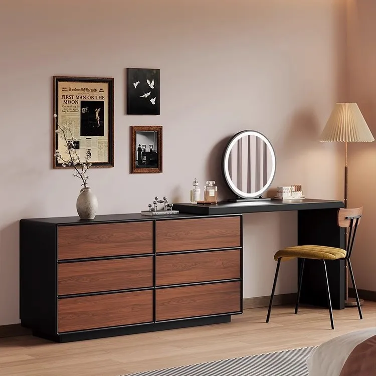 

Simple Walnut Wood Makeup Vanity Integrated Storage Chest Integrated Bedroom Dressing Table Storage Cabinet Makeup Dresser