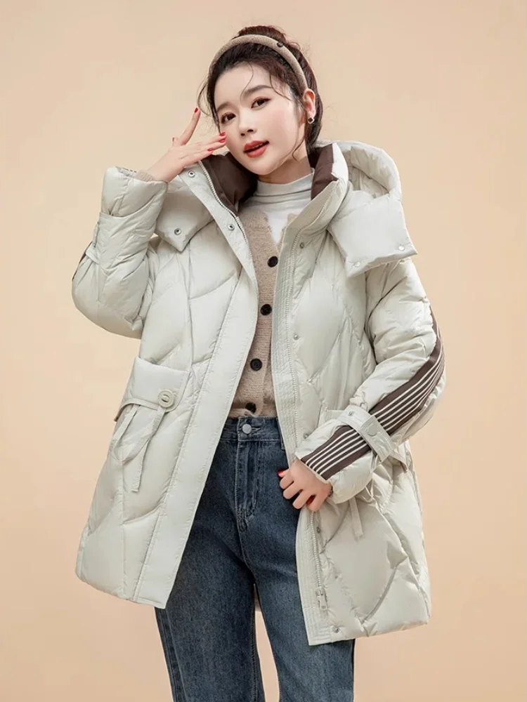 

Winter Coats for Women Loose Casual Design Sense Diamond Lattice Down Jacket Thickened Warm White Duck Down Hooded Puffer Jacket