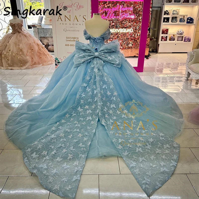 

Sky Blue Glitter Ball Gown Quinceanera Dresses Sequined Beading Butterfly Appliques Crystal Bow Corset Vestidos De Años