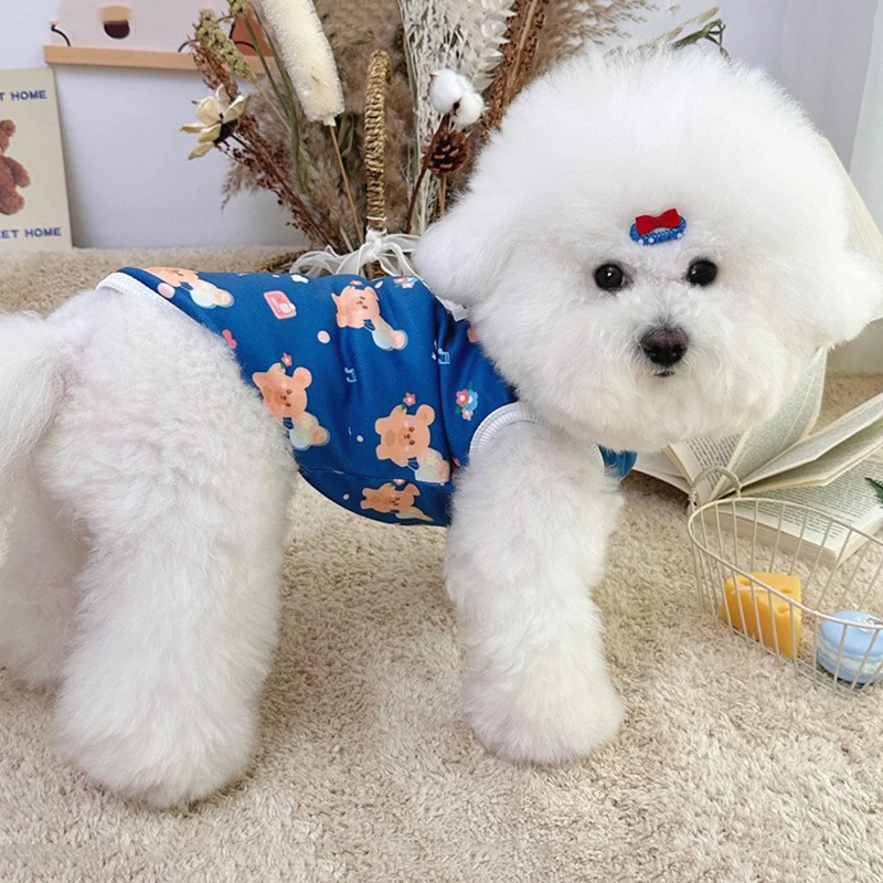 

Blue Bear Print Poodle Vest Summer Leashable Pet Clothes Cat Teddy Sleeveless T-Shirt Cartoon Dog Clothes XS-XL