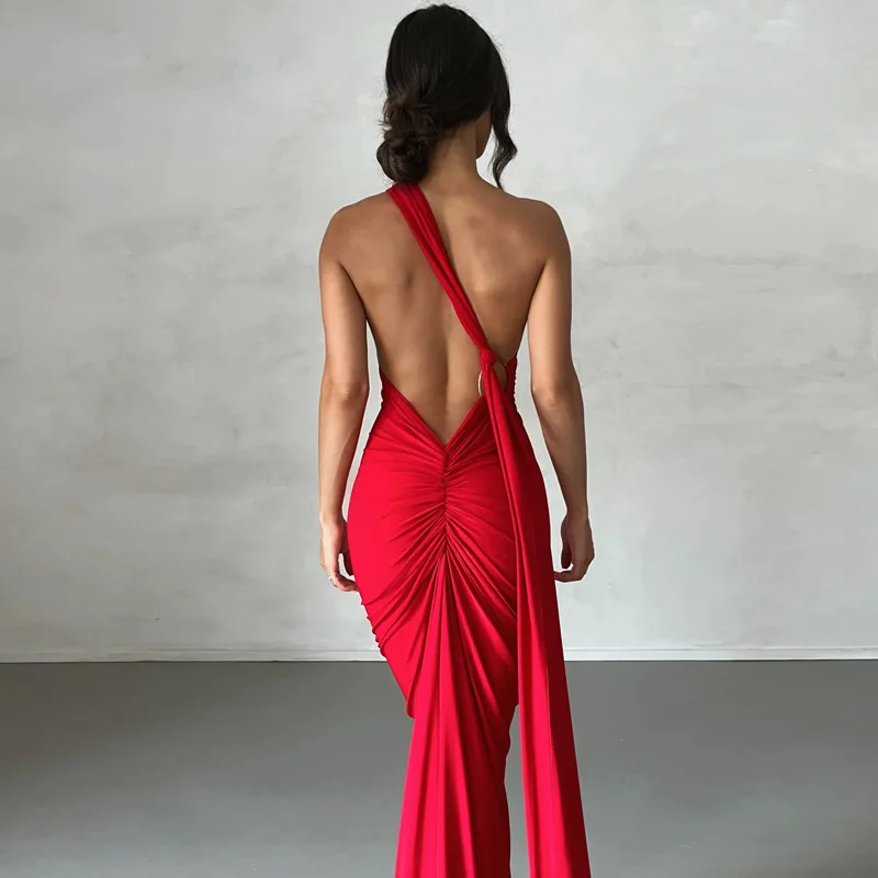 Hugcitar One Shoulder Backless Adjustable Scarf Loop Ruched Sexy Maxi Dress Women Elegant Y2K Streetwear Festival Outfit 270 Sa1c15366661e4da89452a0d53a21b7727