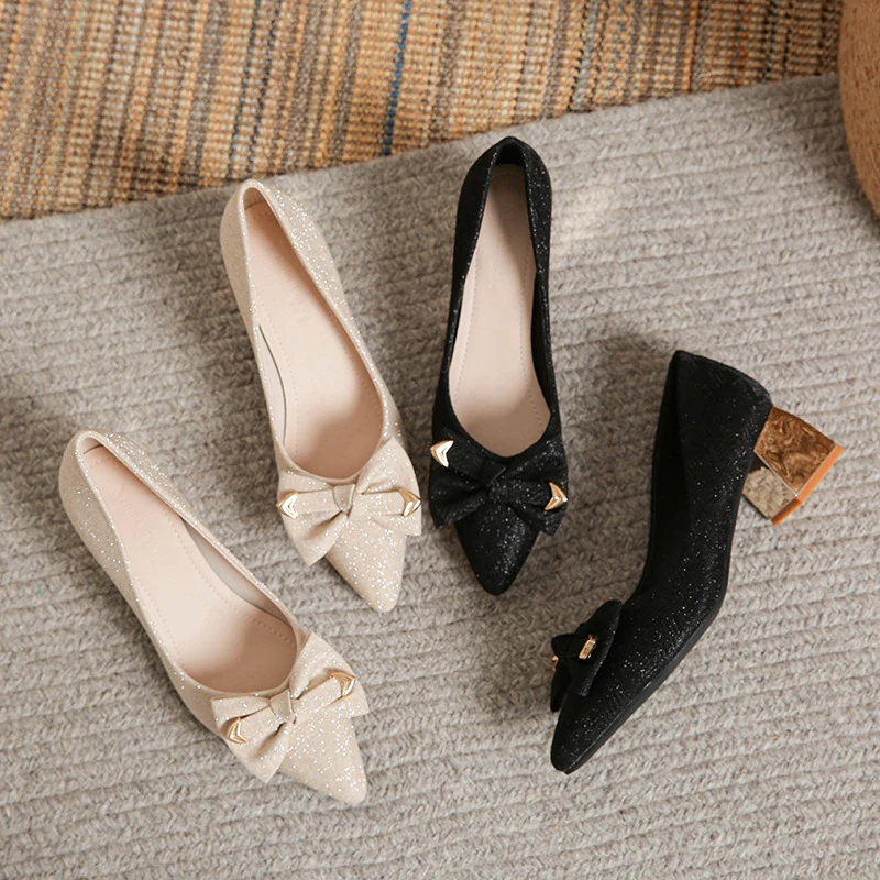 

Pointed Toe Block Heel Pumps With Bow And Gold Heart Detail Metallic Heel Elegant Dress Shoes For Office Work Wedding Party Prom
