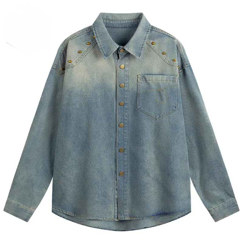 

Vintage Denim Shirts Men Streetwear Harajuku Hip Hop Oversized Shirts Long Sleeve Button Up Blouse