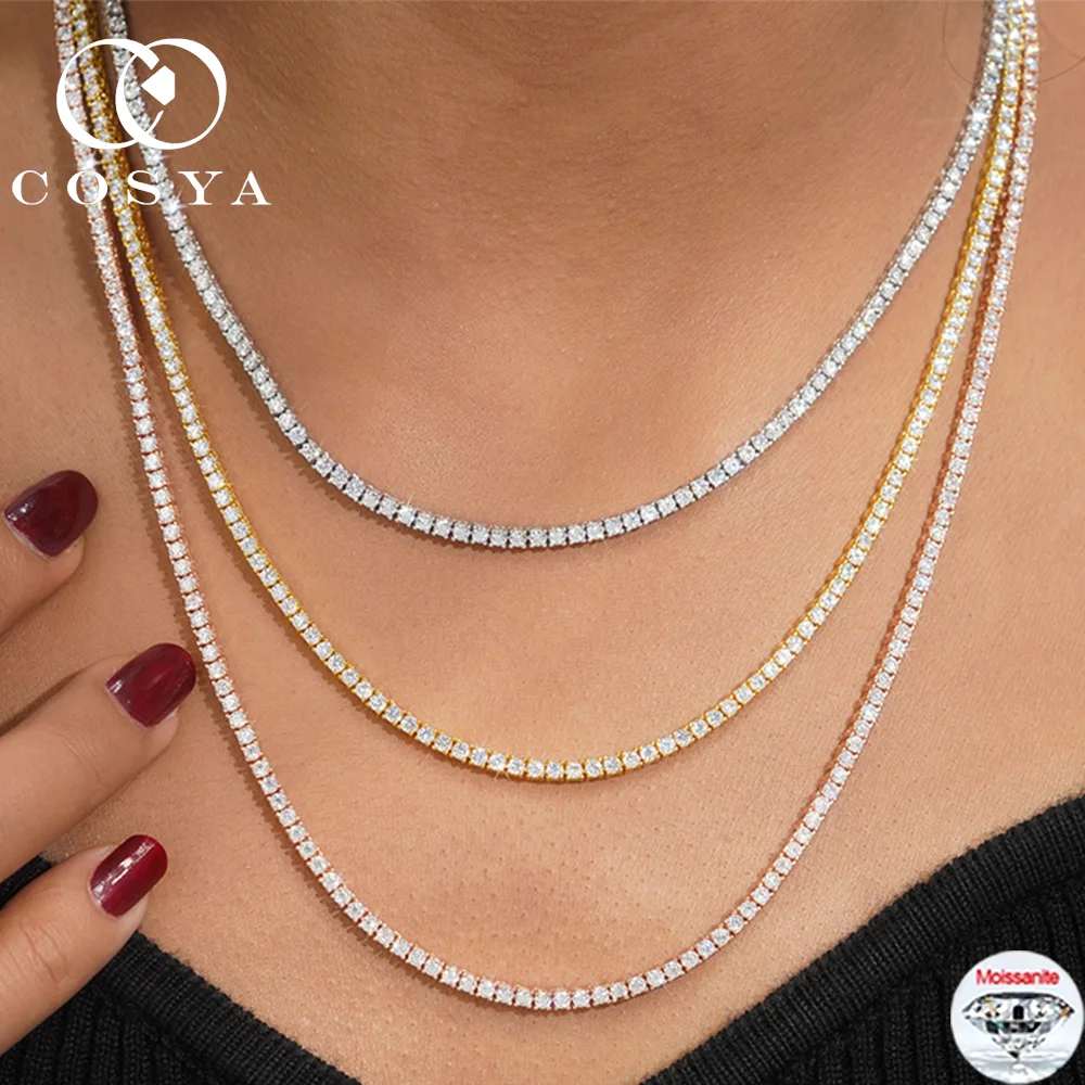 

COSYA 2MM Full D Color Moissanite Tennis Necklace S925 Silver VVS1 Lab Diamond Adjustable 4-Claw Neck Chain For Women Jewelry