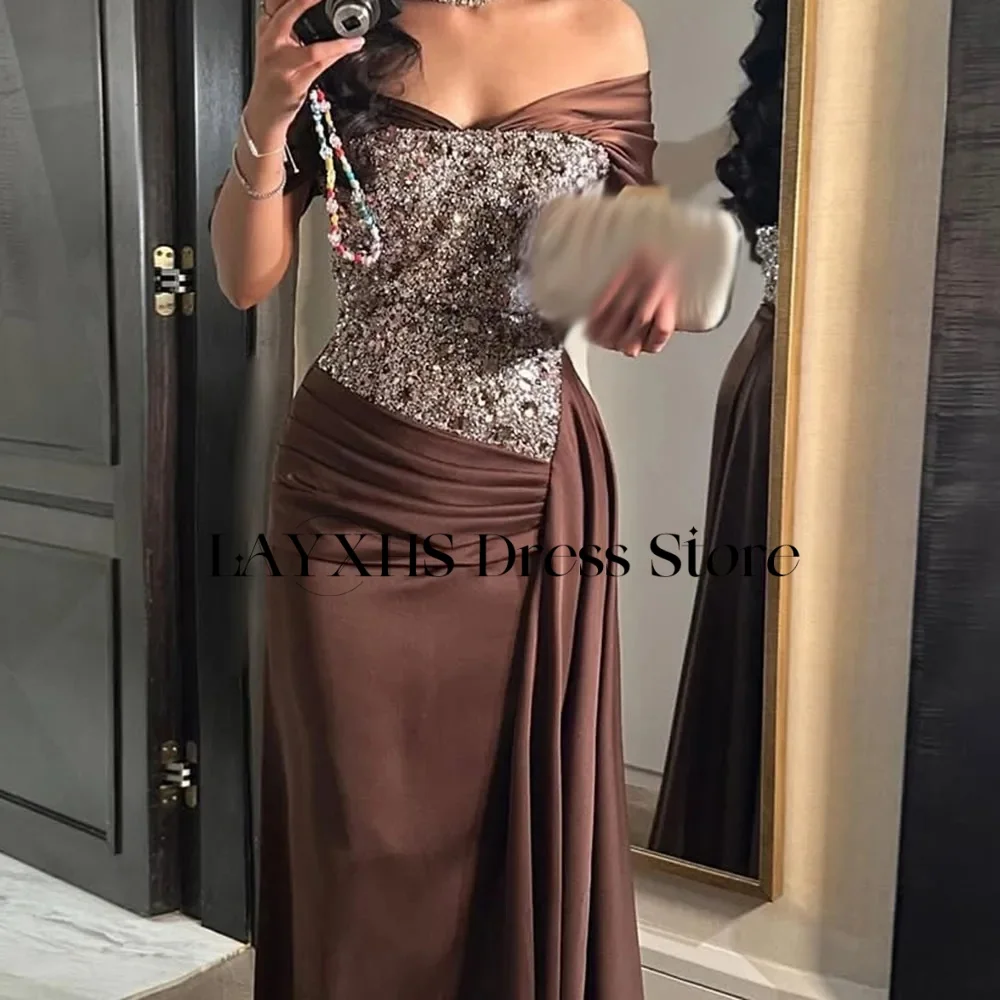 LAYXHS Luxury Off The Shoulder Evening Dresses Mermaid Shiny Beaded Pleat Prom Dresses Customized فساتين سهرات