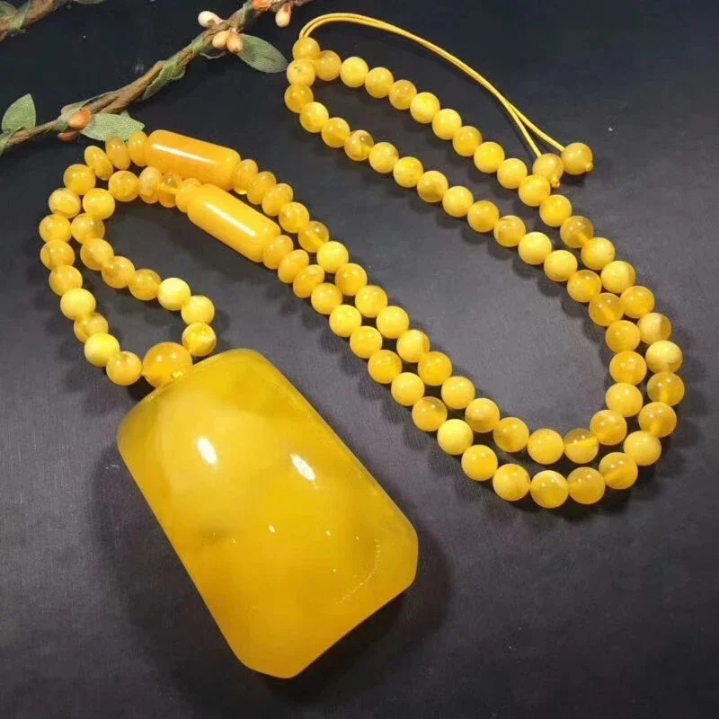 Natural Baltic Amber Pendant Necklace Women Sweater Chain Real Beeswax Rectangular Pendants Fashion Charm Jewellery Lucky Amulet