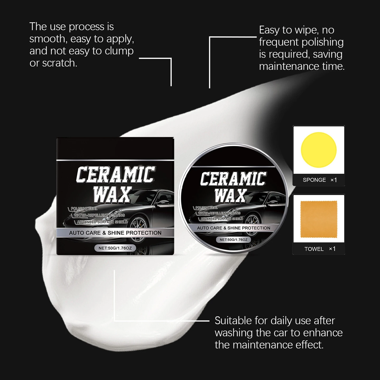 طقم شمع السيارات 50 جرام، طقم شمع مزيل خدوش السيارة السريع لسهولة التفاصيل والتألق