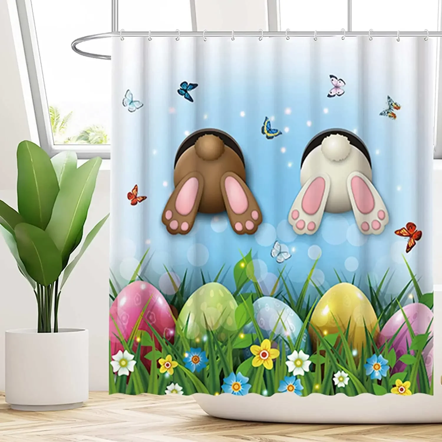 Spring Easter Shower Curtain Set with Hooks Two Bunny Rabbits Rush into The Bathtub Home Bathroom Decor Butterflies Eggs Fabric