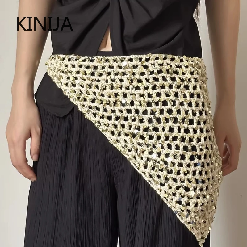 Ins Style Sequined Hollow Knitted Triangle Scarf Women Summer Travel Photo Atmosphere Versatile Casual Y2K Beanies Headband - view 4