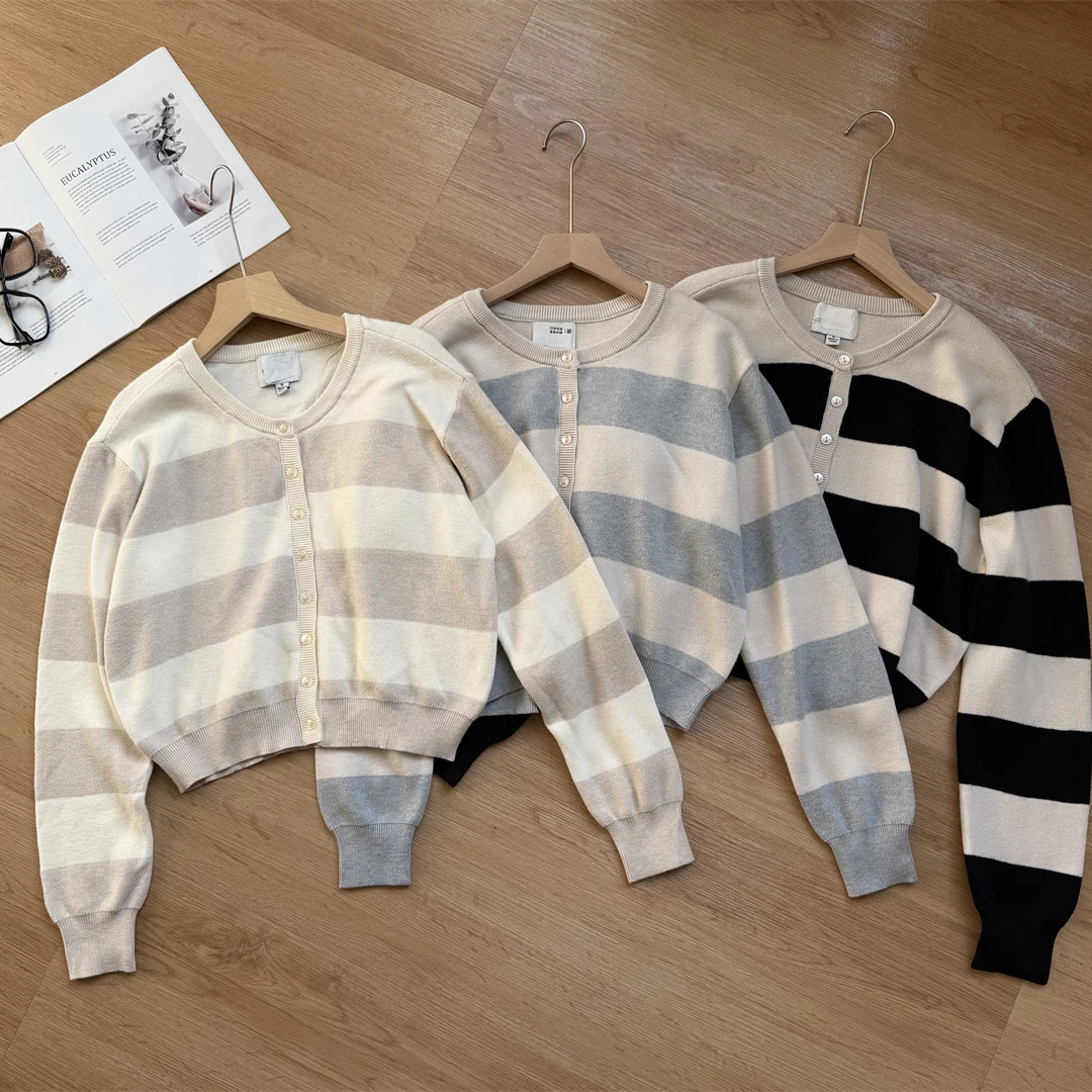 Cárdigan Corto de Punto con Cuello a Rayas Clásico, Estilo Japonés, Cálido y E, Estilo Casual para el Trabajo, Manga L...