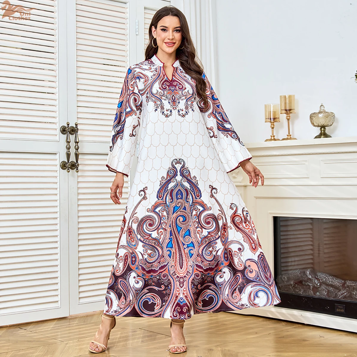 

Уни цветочный принт с зубчатым воротником-стойкой, Дубай, мусульманская Абая, элегантный повседневный свободный марокканский модный халат из Саудовской Аравии