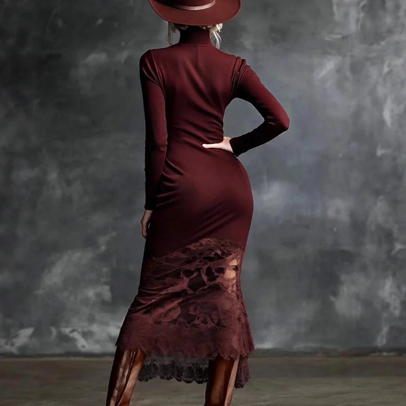 Sukienka damska z golfem, patchworkiem i koronką, długa, seksowna, obcisła, podkreślająca biodra, elegancka sukienka na imprezę z długim rękawem, jesień, vestidos