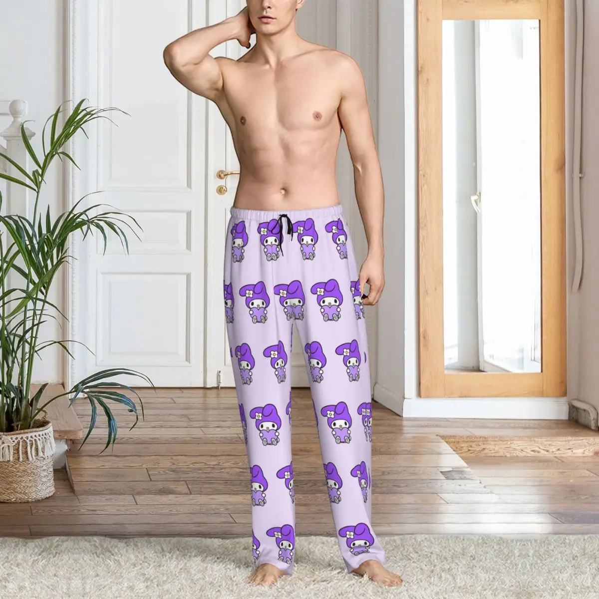 Custom Printed Men's Melody Pajama Pants Pink Rabbit Sleepwear Sleep Lounge Bottoms with Pockets
